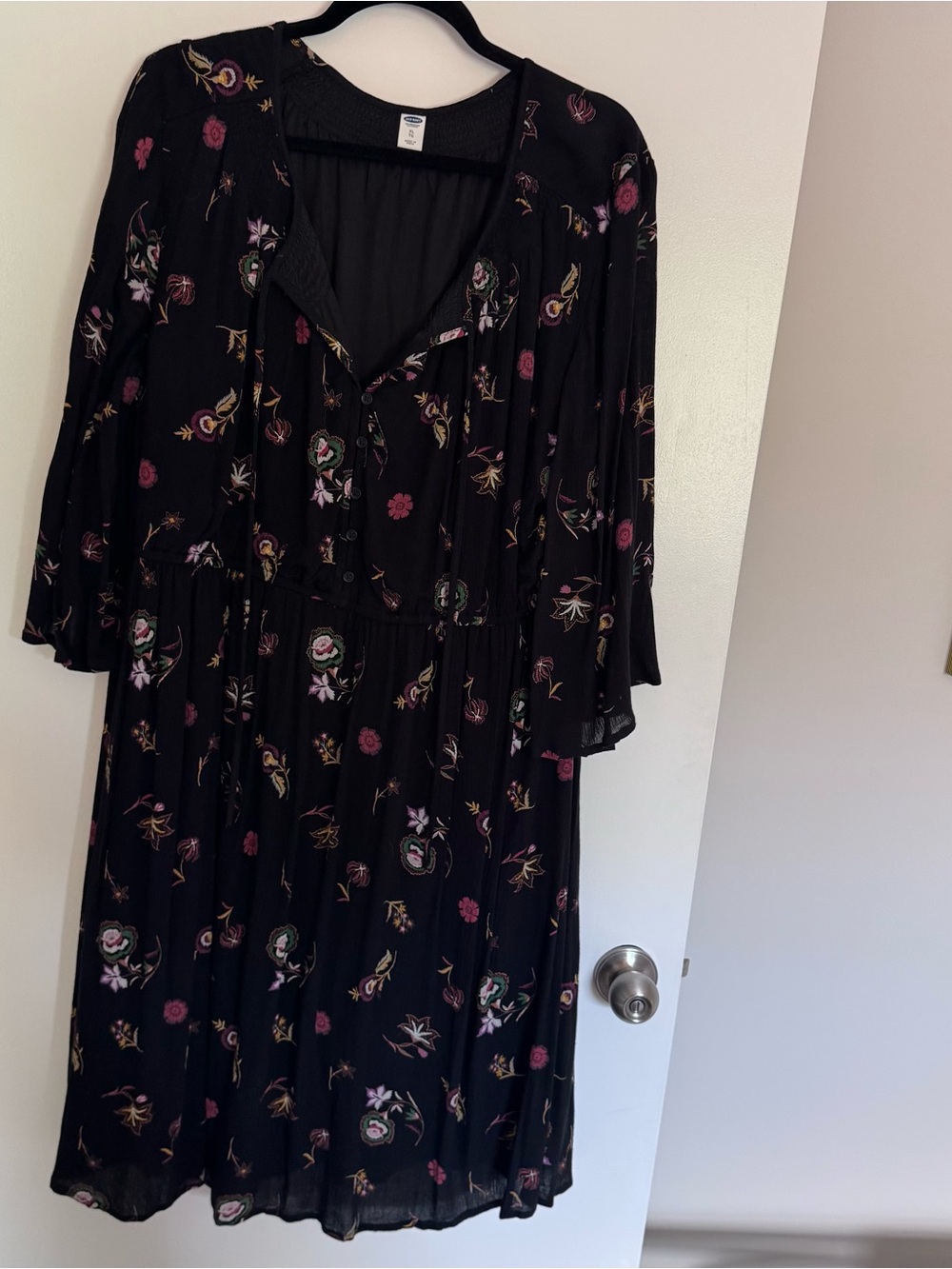 Old Navy Black Floral Midi Dress with Pink and Green flowers